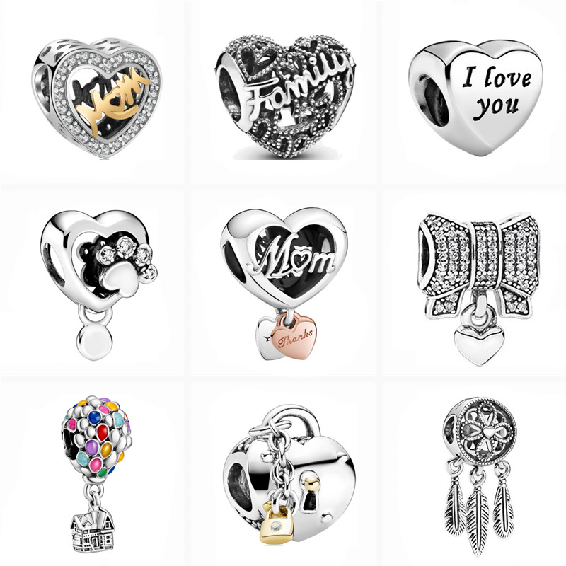 

New Popular 925 Sterling Silver European I Love You Mom Feather Home DIY Beads for Original Pandora Charm Silver Bracelet Women Jewelry Gift Accessories