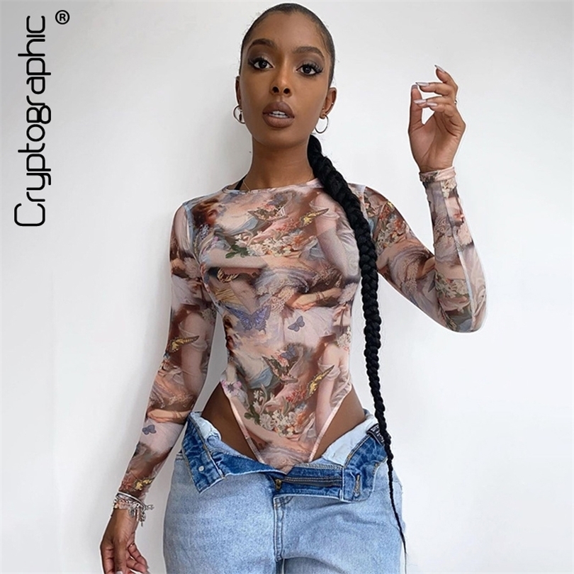 Cryptographic Fall Long Sleeve Sexy Bodysuits Party Club Tops Female Aesthetic Print High Waist Bodysuit Streetwear 201007