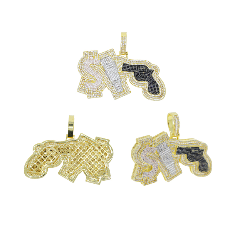 New arrived full cz paved gun pendant fit cuban tennis chain plated tow tone for men boy hip hop necklace jewelry wholesale