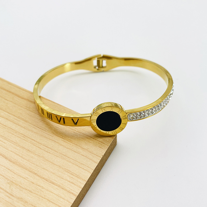 Half Diamond Insert Bangle Hollowed Roman Numerals Bracelet