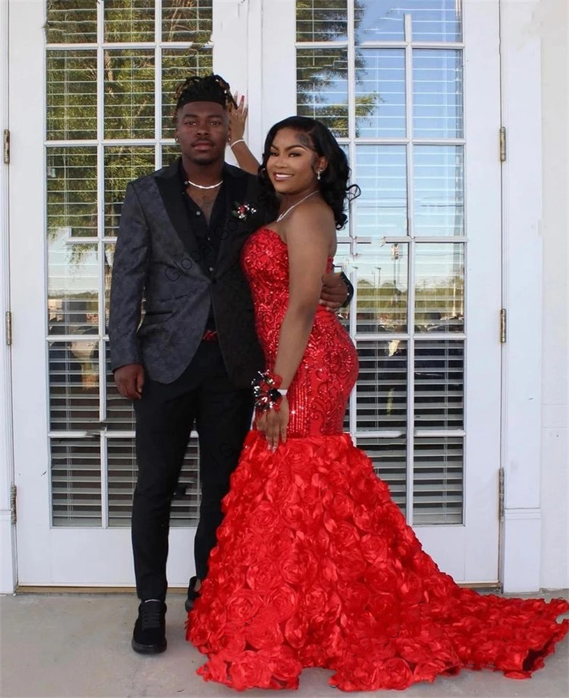 Elegant Red Strapless Long Prom Dresses For Black Girls 2022 Ruffles Evening Dress Mermaid Birthday Party Gowns Sequined Robe De Bal 0431