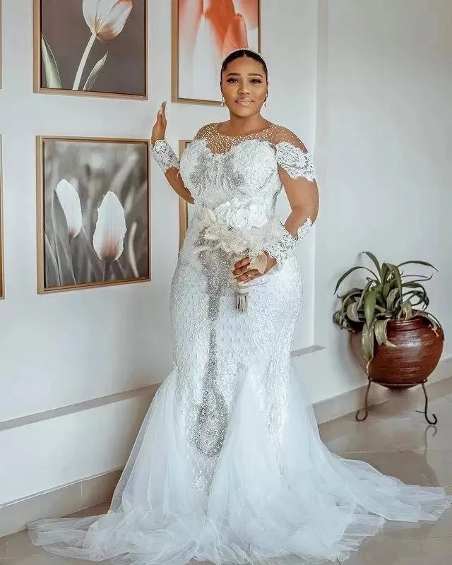 Plus Size Mermaid Wedding Dresses Long Sleeves Bridal Gown Jewel Neck Beaded Lace Applique Sweep Train Custom Made, Champagne
Plus Size Mermaid Wedding Dresses Long Sleeves Bridal Gown Jewel Neck Beaded Lace Applique Sweep Train Custom Made, Champagne