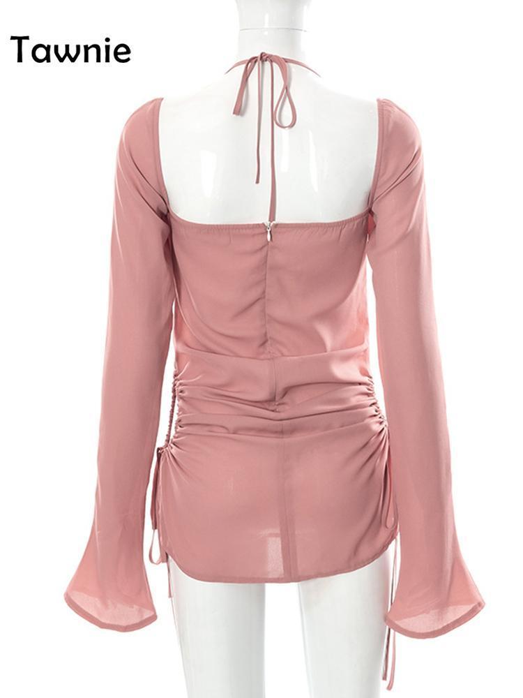 Tawnie 2022 Spring Elegant Cut Out Halter Bodycon Mini Dress Women Sexy Flare Long Sleeve Drawstring Backless Party Dresses 220317