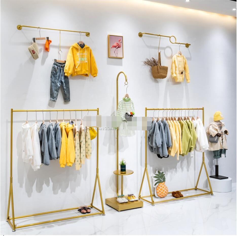 Children's clothing store display shelf Bedroom Furniture floor type golden shelfs baby clothes hanger clothing shop racks kids cloth rack