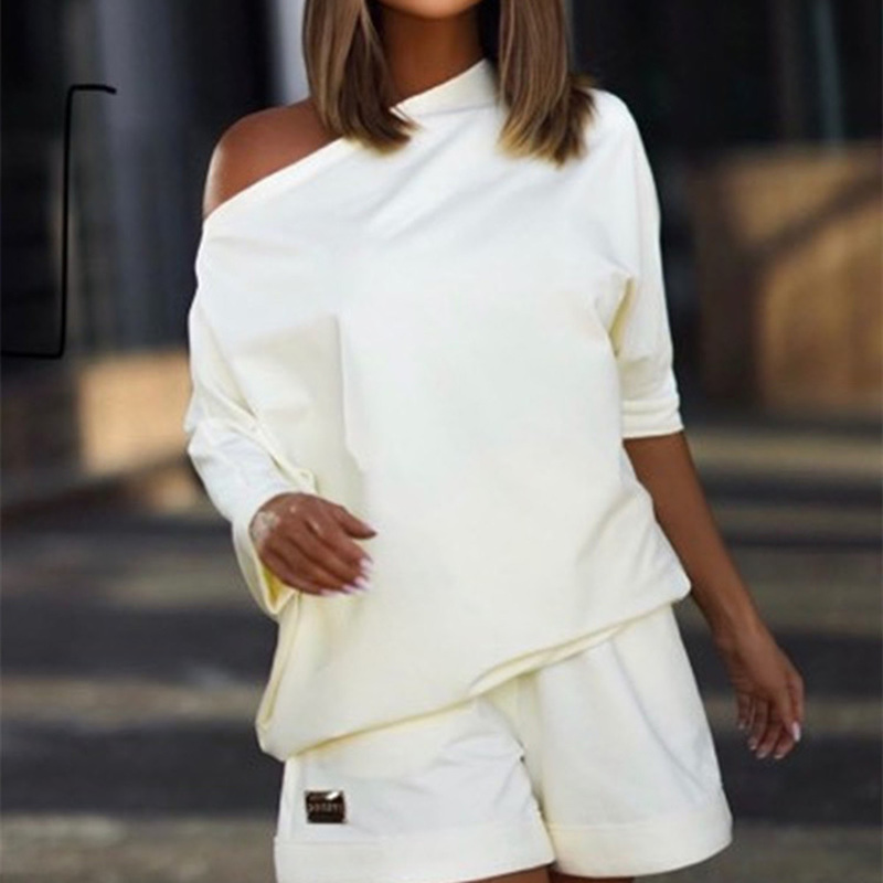 Casual Loose Two Piece Set Summer Fashion Solid Halft Sleeve Tops And Shorts 2 Piece Set Sexy White Off Shoulder Suits 220611