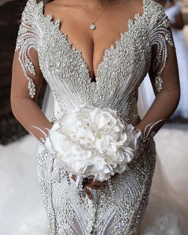 Amzing Crystal Princess Wedding Dresses 2022 Illusion Long Sleeve Beaded Plus Size Arabic Aso Ebi Royal Mermaid Bridal Gown Plus Size