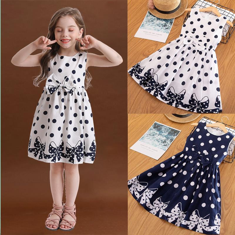 

Girl's Dresses Teenagers Girls Polka-Dot Summer Kids Sleeveless Solid Bowknot Princess Dress Children's Clothes Birthday Party VestidosG