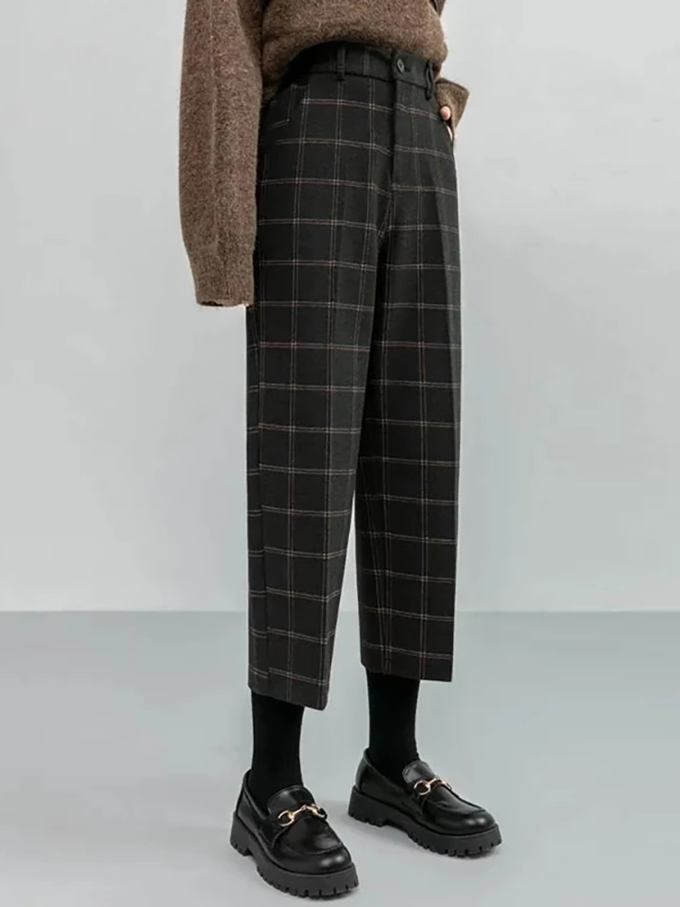 Luck A Autumn Winter Women Plaid Pencil Pants Woolen Straight Trousers Female High Waist Loose England Style Ankle-length 220325
