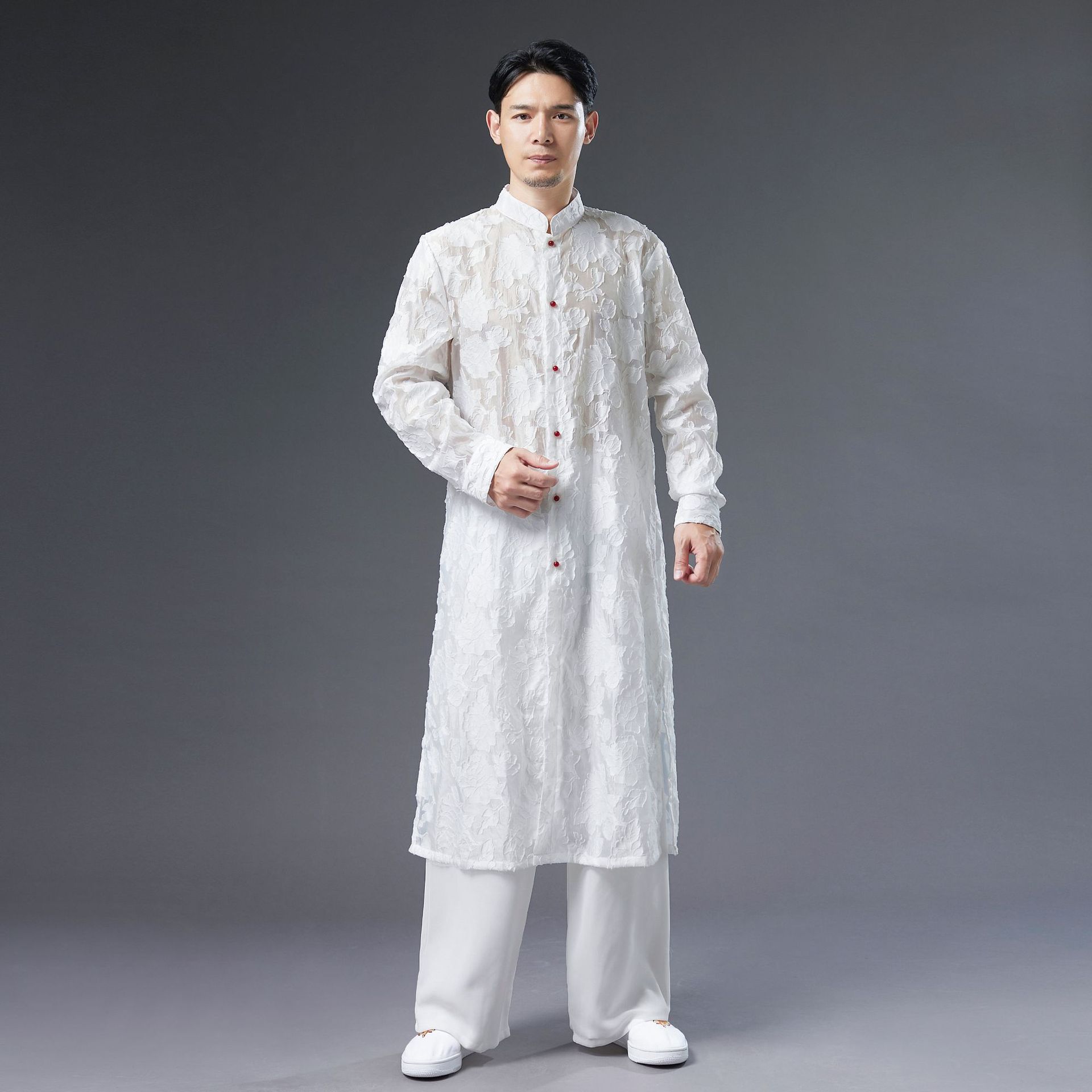 Party performance singer men's stage wear Cotton silk robe Chinese traditional clothing male cheongsam long sleeve Chinese tang suit for men