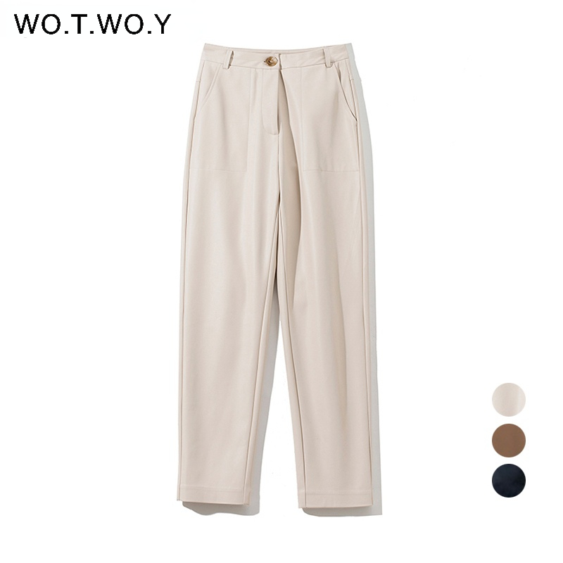 WOTWOY High Waisted Straight Leather Trouser Zipper-Up Casual Fleece PU Pants Female Black White Autumn 220325