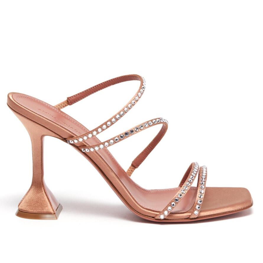 

Luxury Designer Amina Muaddi sandals New clear Begum Glass Pvc Crystal Transparent Slingback Sandal Heel Pumps Naima embellished amber satin sandals, Only a shoe box