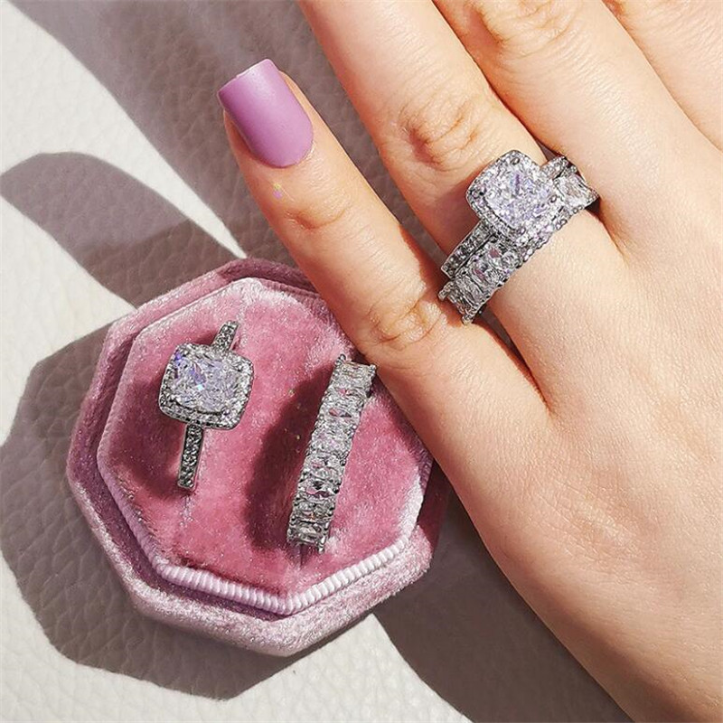 Sparkling Wedding Rings Luxury Jewelry 925 Sterling Silver Cushion Shape 5A Cubic Zircon CZ Diamond Gemstones Party Eternity Women Couple Ring Set Gif