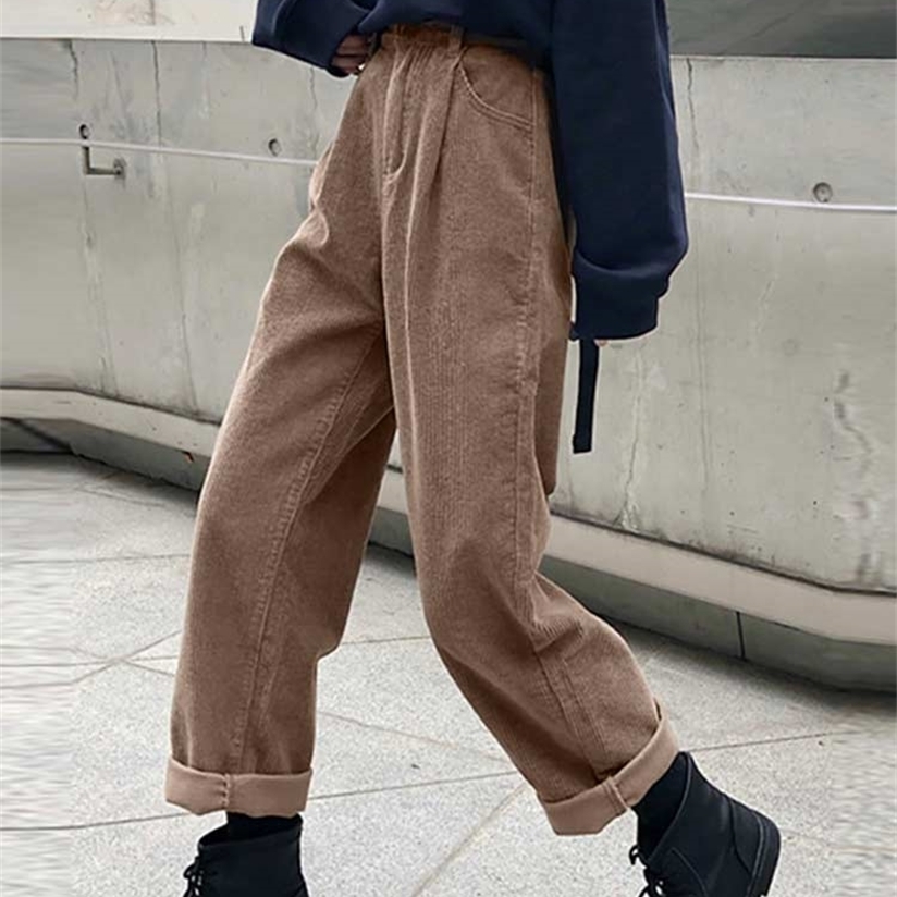 Corduroy Women's Pants Straight Casual High Waist Pleated Trousers Vintage Harajuku Autumn Chic Solid Woman Bottoms 220325