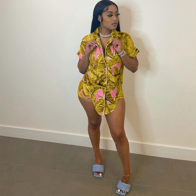 HAOYUAN Leaves Print Two Piece Set Women Short Sleeve Button Shirts Tops and Biker Shorts Sexy Vacation Outfits Matching Sets 220707