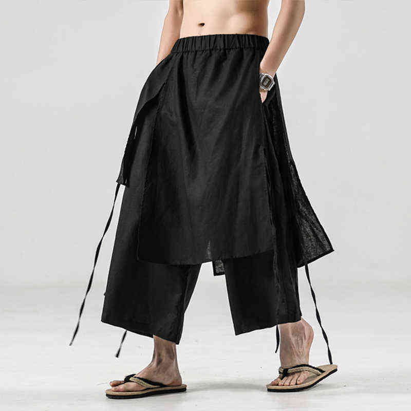 2022 Men Solid Color Irregular Pants Mens Elastic Waist Loose Hanfu Skirt Trousers Male Streetwear Harajuku Wide Leg Pants L220706