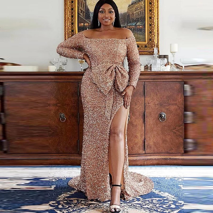 Elegant Rose Pink Sequined Long Sleeves Evening Dress