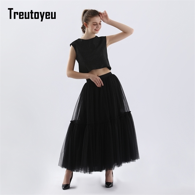Treutoyeu Vintage Gothic Black White Pleated Long Tulle Skirt Tutu Femme High Waisted Runway Soft Mesh Skirts Womens Jupe 220317