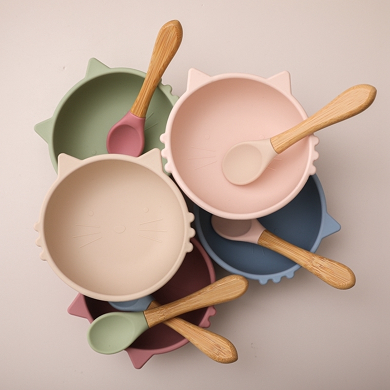 Bopoobo 2Pcs/1Set Silicone Baby Feeding Bowl Tableware Waterproof Spoon Non-Slip Crockery BPA Free Silicone Dishes for Baby Bowl 220512