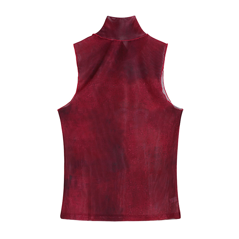 Tie Dye Mesh High Neck Hand Painted Printed Women Top Summer Fashion Sleeveless Slim T Shirt Lady Holiday Beach Style Tops 220328