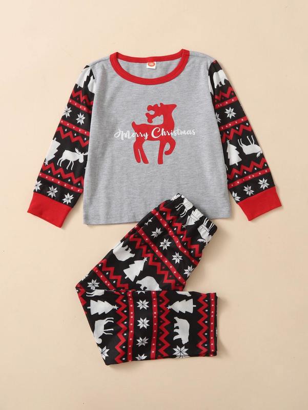 Toddler Boys 1pc Christmas Elk & Geo Print Sleep Top & 1pc Sleep Pants SHE