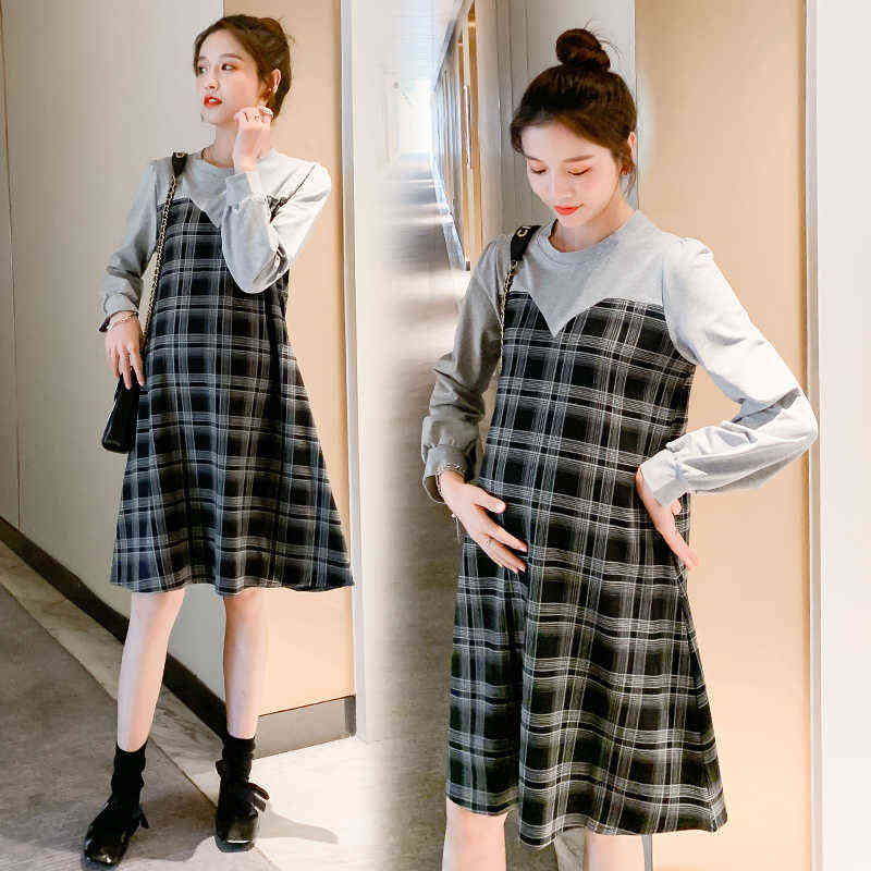 And Autumn Loose Maternity Dress Long Lantern Sleeves Cotton Patchwork Plaid Pregnant Woman Plus Size Dress Clothing J220628