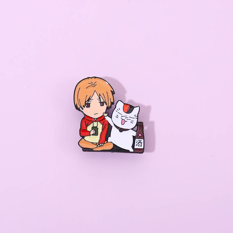 Kitten drinking with boy pop badge bag boy cute holding wine Pin Brooch
