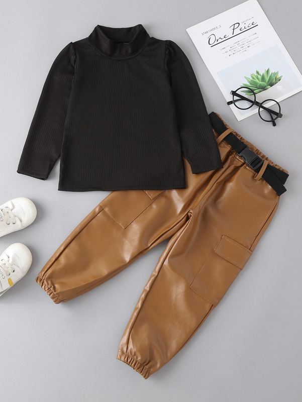 Toddler Girls Mock Neck Tee & Flap Pocket Buckled Belted Pants SHE