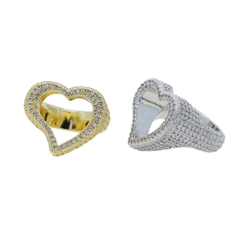 Full Micro Paved Iced Out Bg Cubic Zirconia Heart Ring Hip Hop Lover Rings Punk Jewelry for Men and Women Gold Plated Brass 2024
