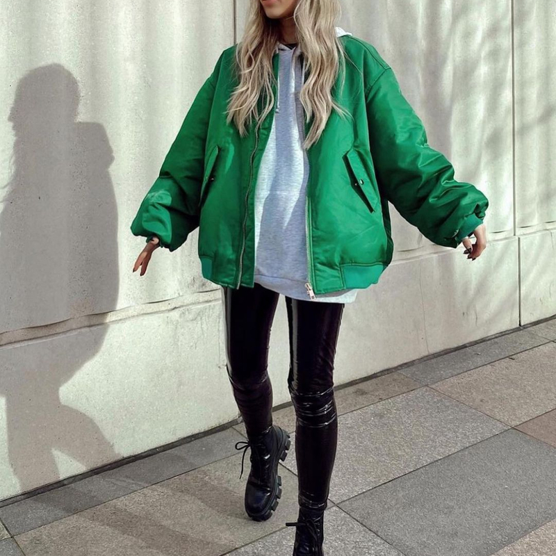 Women Fashion with Pockets Solid Front Zipper Jackets Vintage Stand Collar Coat Long Sleeves Female Chic Outwears Bomber Jacket 220803
