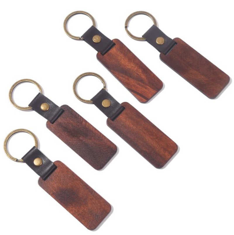Personalize Keychains Blanks For Engraving Wooden Handmade Leather Keychain Round Rectangle Wood Luggage Decoration Key Ring