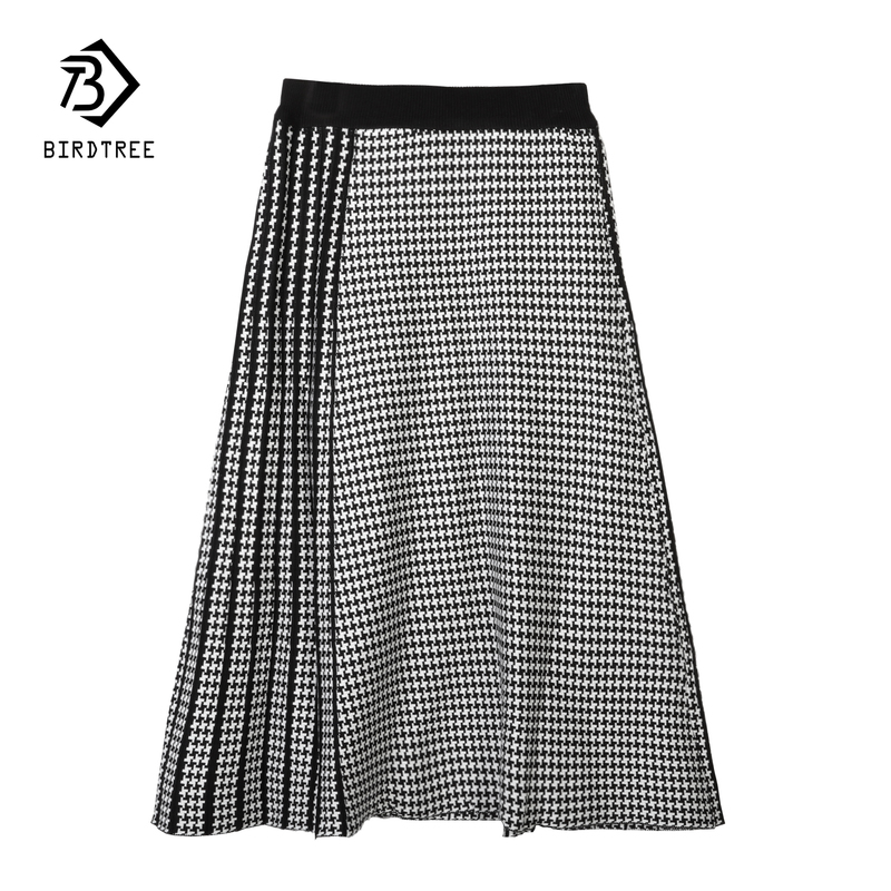 Autumn Winter Women Houndstooth Patchwork 80cm Midi Skirts Elastic High Waist Pleated Vintage Casual Fashion Skirt Lady B17702X 220317