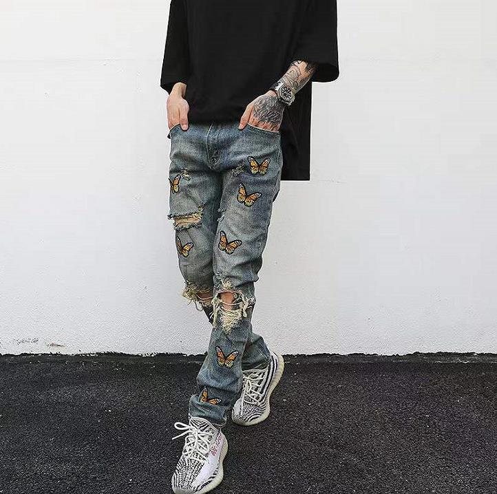 Men's jeans high street butterfly embroidery washed blue distressed ripped slim skinny jeans mens American hip-hop trousers
Men's jeans high street butterfly embroidery washed blue distressed ripped slim skinny jeans mens American hip-hop trousers