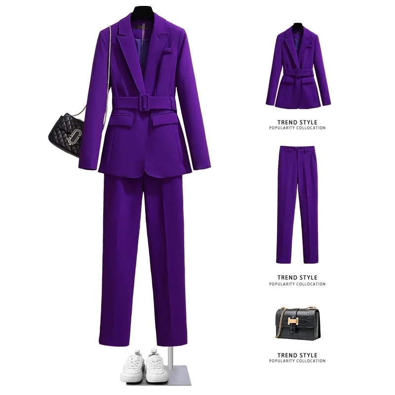 Purple professional suit female spring autumn fashion temperament elegant button belt nine-point pants two-piece women 220315