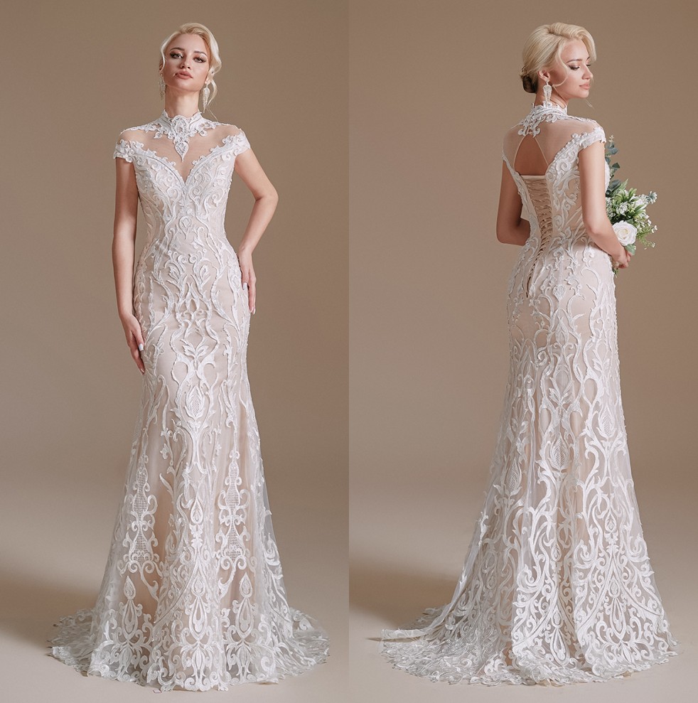 Vintage High Neck Lace Mermaid Wedding Dresses Sheer Cap Sleeves Beaded Illusion Backless Sweep Train Bridal Gowns vestidos de novia Wedding Dress CPS