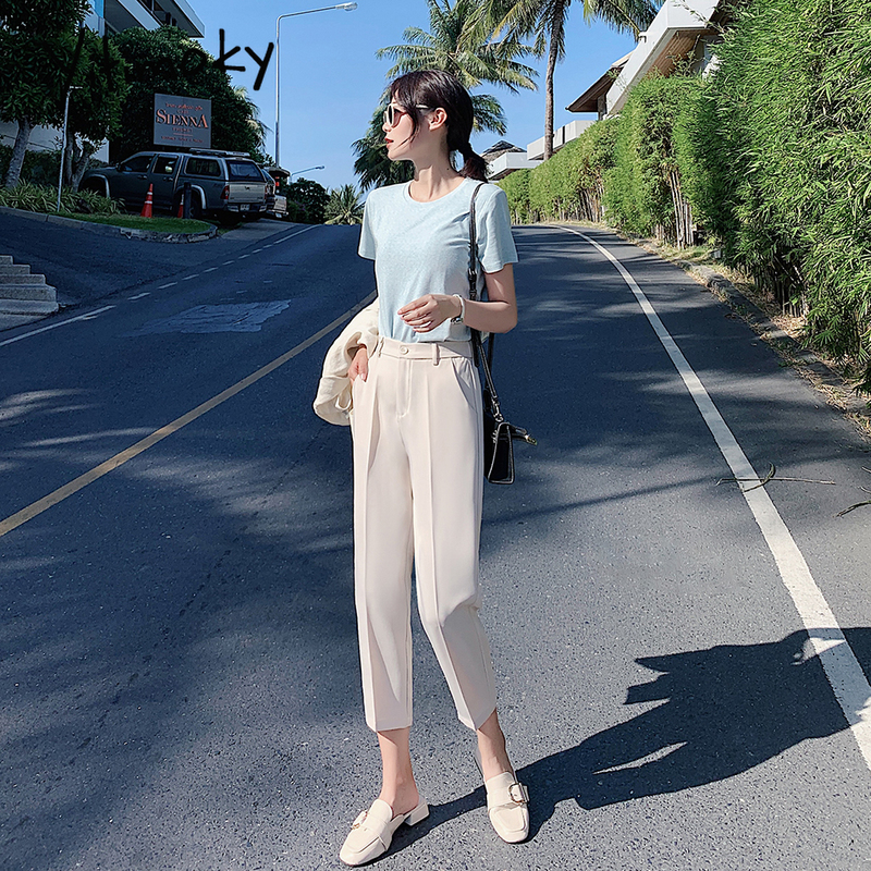 Suit Pants Woman High Waist Office Lady Solid Harem Women Trousers Black Beige Korean Clothing 220325