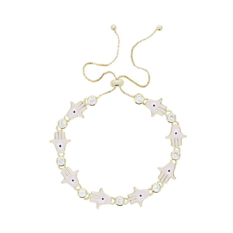 New Arrived Blue Pink Enamel Hamsa Hand Charm Connector Jewelry Gold Color Micro Pave Clear Cz Station Fatima Hand Bracelet