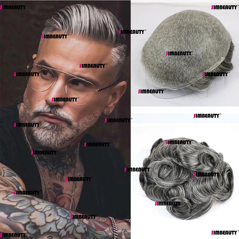 

1B80 1B65 Grey Human Hair Wave Man Wig Transparent Full PU Replacement System Unit 0.04-0.05 Thin Skin Toupee Men's Hair Pieces Capillary Prosthesis