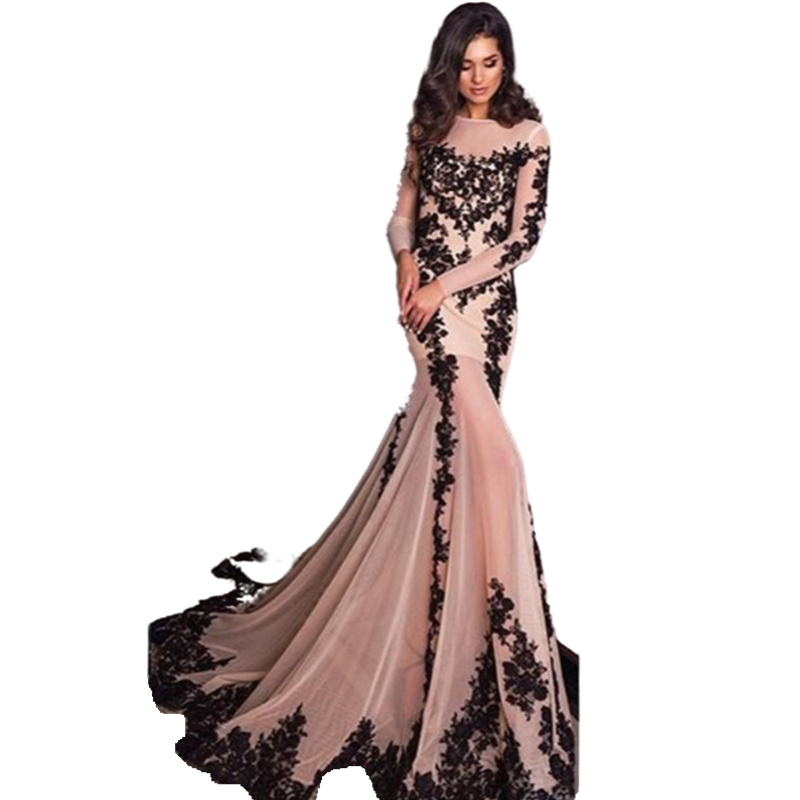 Vintage Pink And Black Mermaid Wedding Dresses Long Sleeves Lace Appliques Bride Dress Sexy Sheer Neck Lace-up Back Formal Bridal Gowns Gothic Robe De