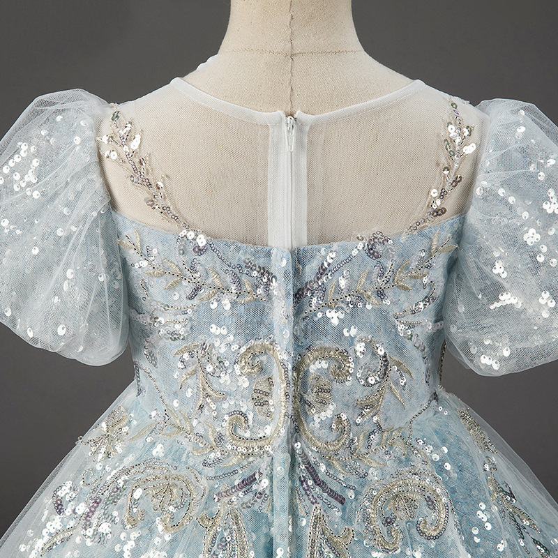 2023 Cute Light Sky Blue Girls Pageant Dresses Princess Tulle Lace sequined Pearls Kids Flower Girl Dress Ball Gown Birthday Gowns Floor Length Hand M