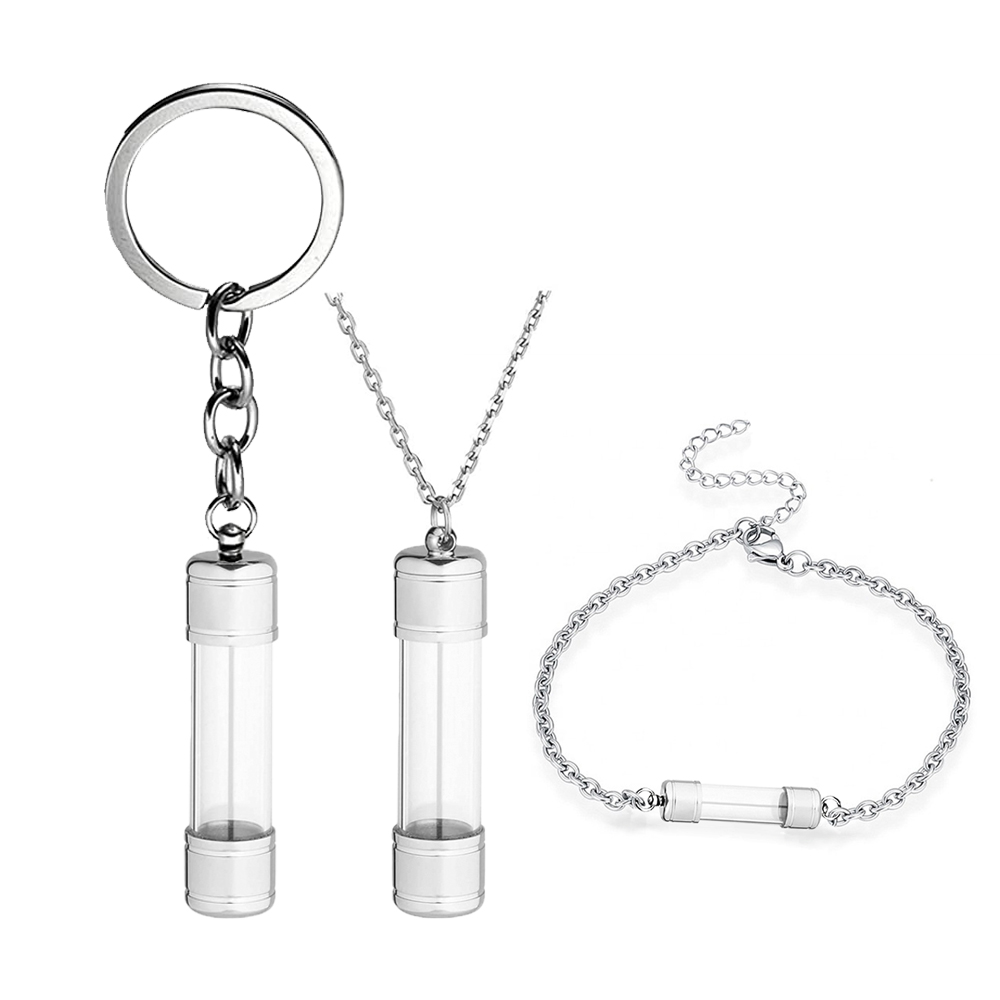 Cylinder Glass Vial Pendant Necklace Memorial Ashes Key Chain Cremation Urn Memorial Pet Human Bracelet Gifts Jewelry For Women 
Cylinder Glass Vial Pendant Necklace Memorial Ashes Key Chain Cremation Urn Memorial Pet Human Bracelet Gifts Jewelry For Women