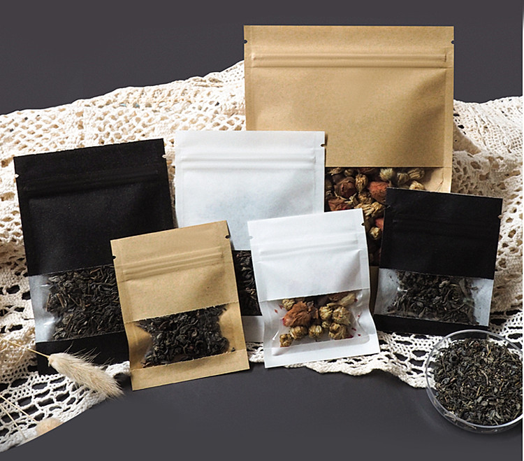 100pcs Flat Bottom Kraft Black White Paper Window Zip Lock Bag Resealable Snack Coffee Beans Powder Candy Capsule Nuts Tea Heat Sealing Packaging Pouc