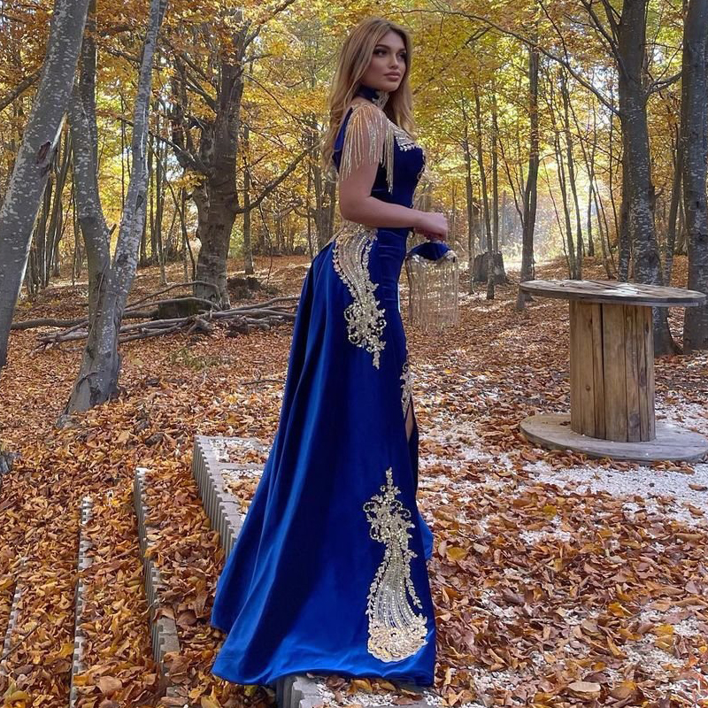 Elegant Karakou Moroccan Kaftan Evening Dresses For Women Split Royal Blue Velvet Prom Gowns Gold Lace Appliques Long Arabic Dubai 2 In 1 Celebrity Pa