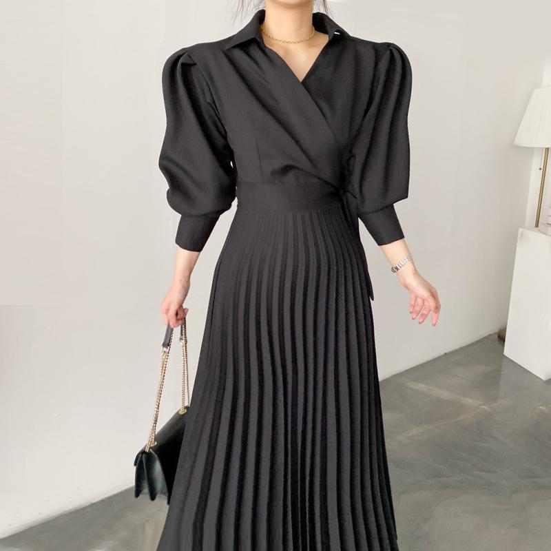Black Maxi: Elegant High Waisted Dress, Long Sleeve Casual Dresses for Spring & Autumn Parties - A-Line Pleated Vintage Maxi Dress C260311