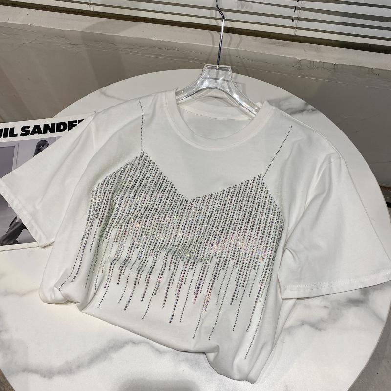 New design womens fashion cool o-neck short sleeve loose rhinestone shinny bling long t-shirt tops