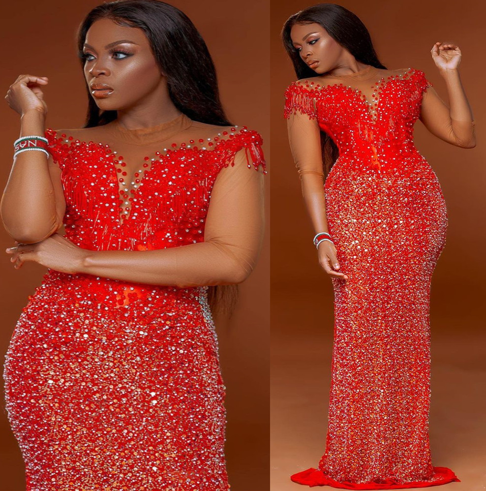 Plus Size Arabic Aso Ebi Red Urious Mermaid Prom Dresses Sheer Neck Beaded Evening Formal Party Second Reception Birthday Engagement Gowns Dress ZJ Lz