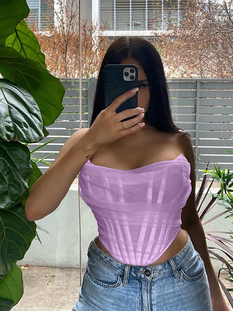 Asia Boning Mesh Corset Tops Women Slash Neck Backless Ruched Sexy Summer Crop Pink Strapless Tank Lavender Cropped 220325