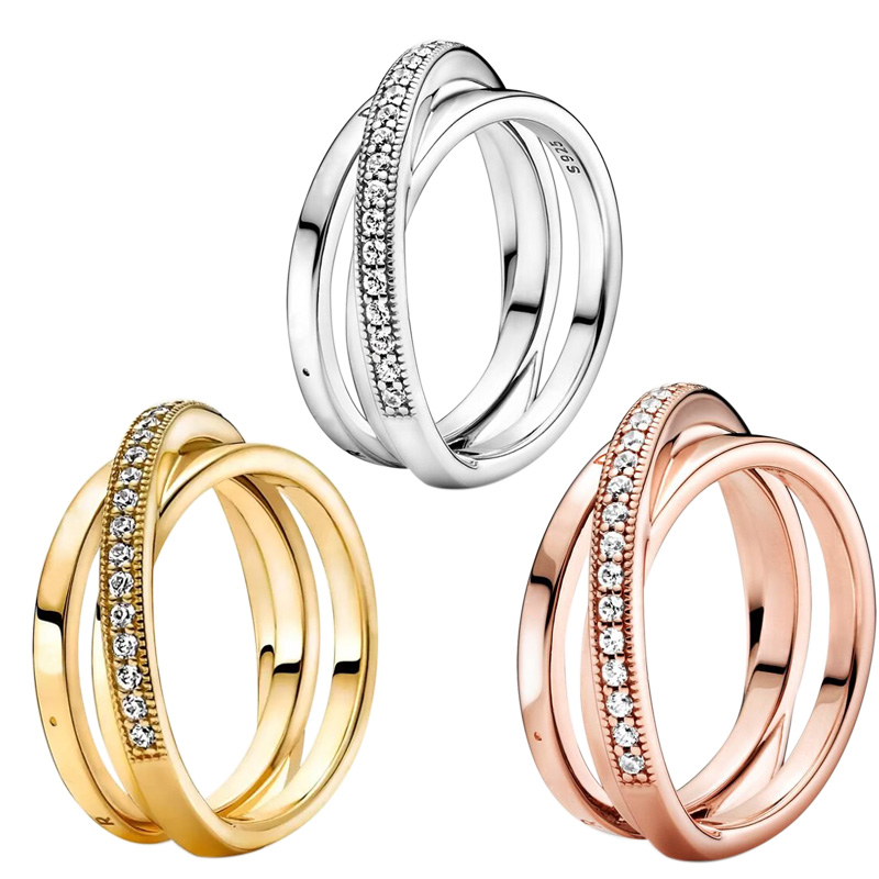Women Men Gold Wedding RING Authentic Sterling Sier designer ring Dia Crossover Pave Triple Band Rings with Luxurious Retail Box Set