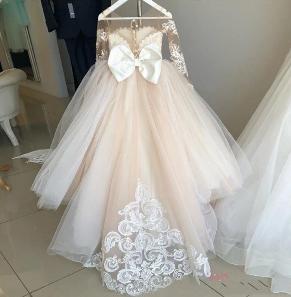 2022 Cute White Lace Little Kids Flower Girl Dresses Princess Jewel Neck Tulle Applique Puffy Floral Formal Wears Party Communion Pageant Gown Bc9309