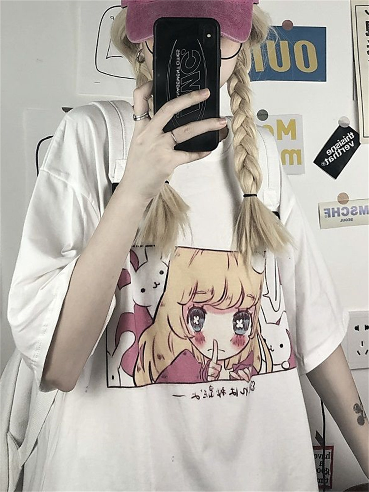 anime girl image print women tops tshirts Korean style t-shirts summer sweet fashion t shirts preppy couple clothes o-neck tee 220321