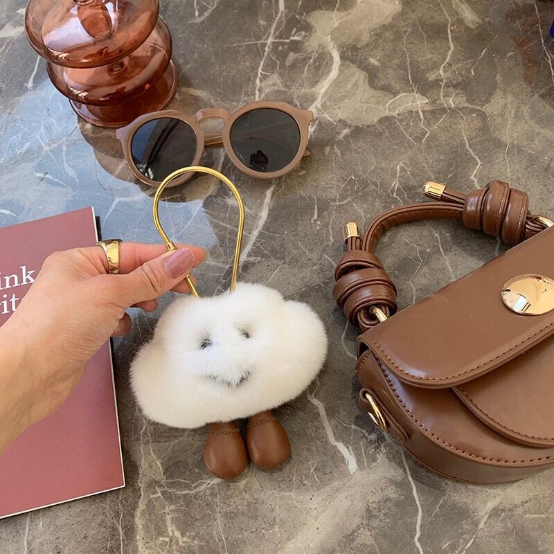 Cute Key Rings Real Rex Fur White Cloud Smile Face Bag Pendant Keychain